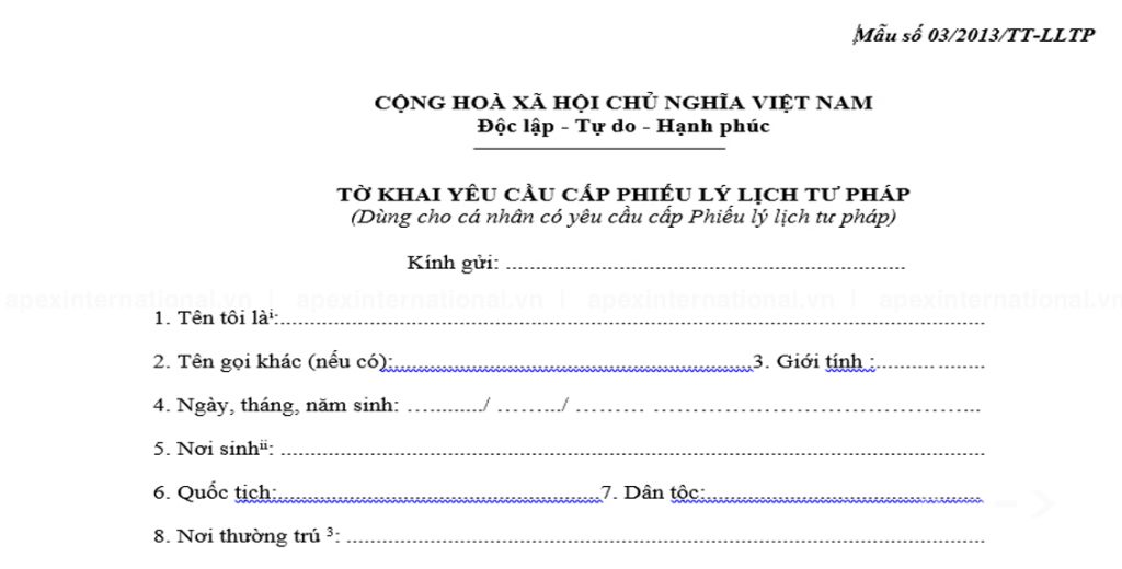 Mẫu tờ khai lý lịch tư pháp mới nhất