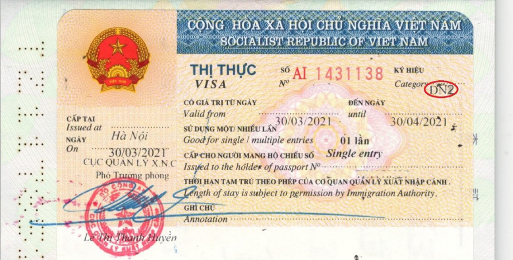 Visa thương mại/công tác Việt Nam - Ký hiệu DN1